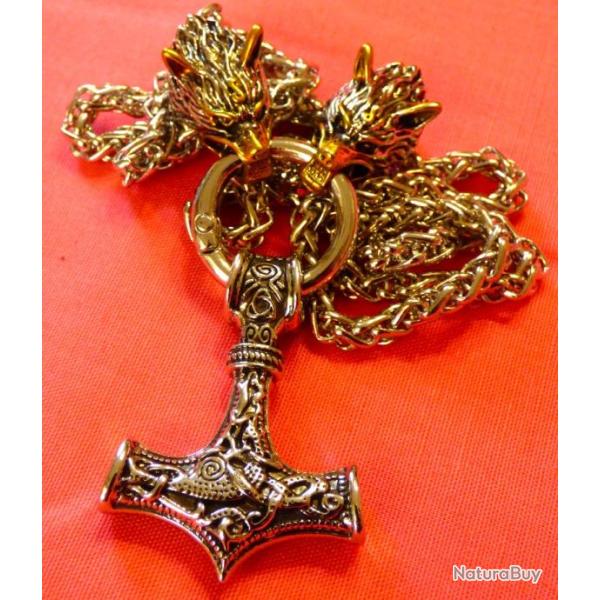 LE MARTEAU DE THOR + CHANE EN ACIER INOX ARGENTE ET OR- 61cm POUR COLLECTION D'OBJETS VIKING DIVERS