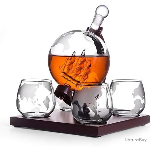 Ensemble de 4 verres de whisky + 1 carafe 1000 ml en forme de globe Motif de plan�te Terre-Carafe