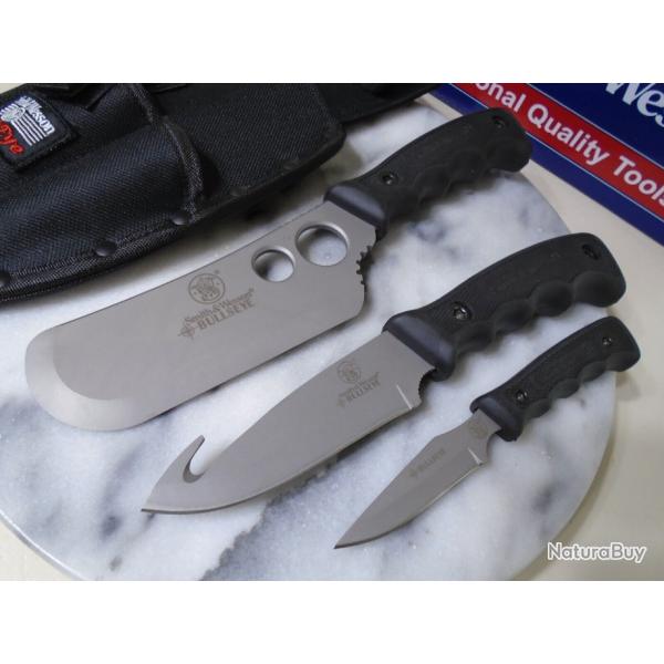 Set de Couteaux Smith&Wesson Campfire Lames Acier Inox Manches Caoutchouc Noir �tui Nylon SWCAMP -