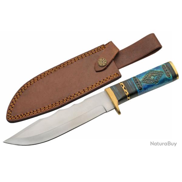 Couteau Fixe Rite Edge Oceans Blue Lame Acier Inox Manche Bois Sculpt� Bleu Etui Cuir PA203497