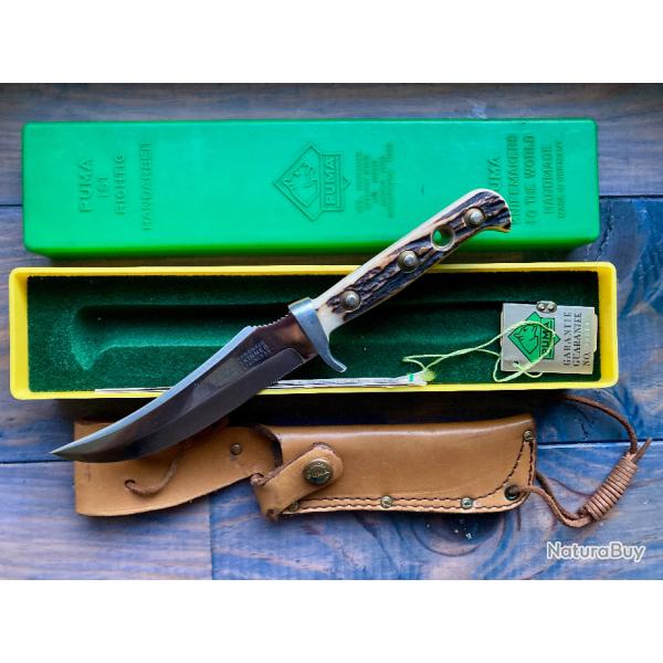 ANCIEN COUTEAU POIGNARD PUMA "SKINNER KNIFE" #6393 (1986)BOIS DE CERF+BOITE @ANTON WINGEN