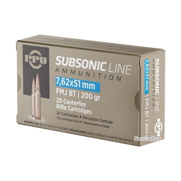 Cartouches PPU Calibre 7,62x51 (308) SUBSONIC FMJBT 200grs - Boite de 20 unit�s