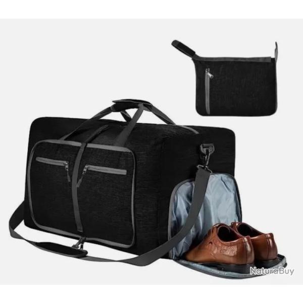 Sac de Voyage Pliable 65L Impermable Compartiment Chaussures Noir 61x34x26 cm