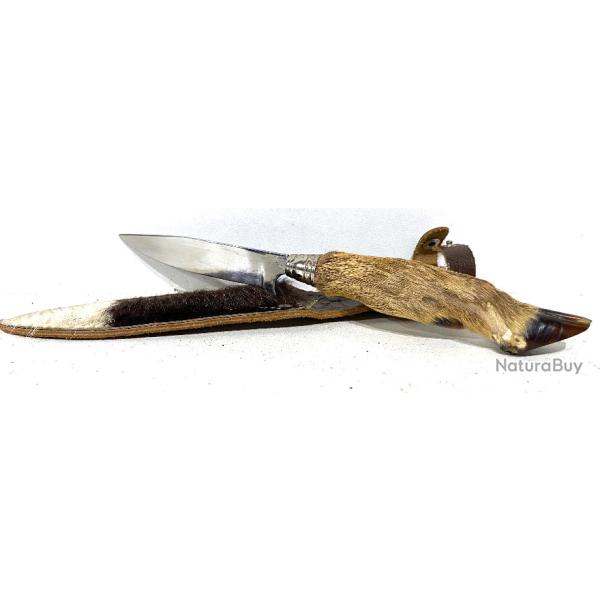 Ancien Couteau de chasse manche patte de cervid� avec fourreau
