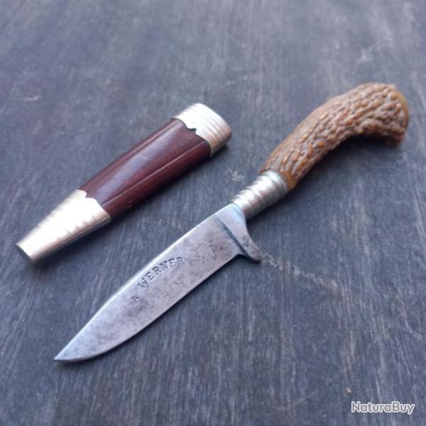 Petit Couteau de Chasse NICKER Allemand A.WERNER Manche en Bois de Chevreuil avec �tui en cuir