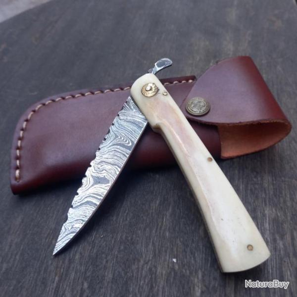 Couteau Artisanal Pi�montais Manche en OS avec �tui en cuir