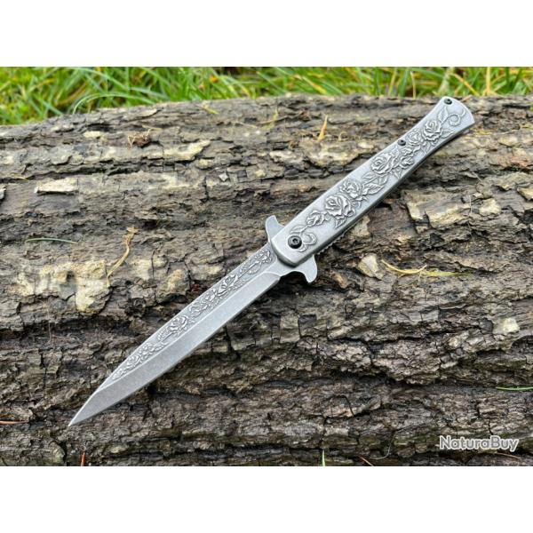 Couteau Stiletto � Ouverture Assist�e - Motifs Floraux en Relief