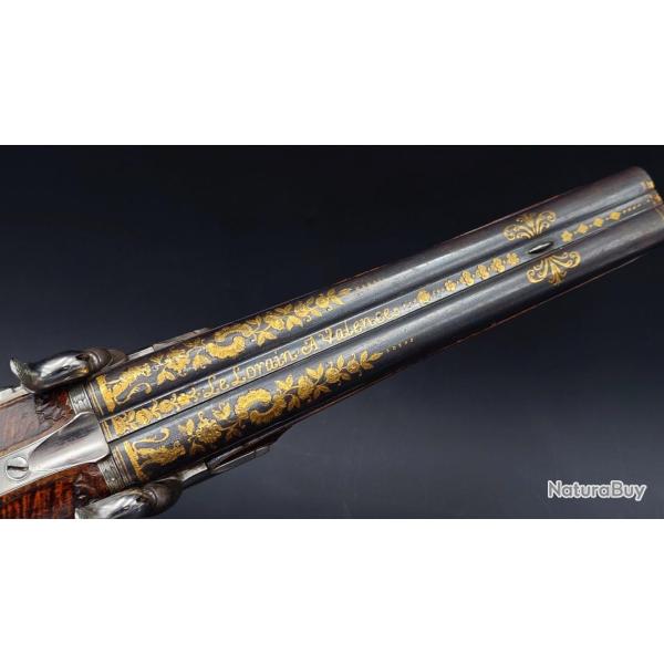 PISTOLET DOUBLE DE VENERIE LE LORAIN A VALENCE VERS 1740 A SILEX TRANSFORME PERCUSSION - FRANCE ANCI