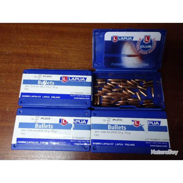 Lapua .224 FMJ 55gr 3 botes neuves et 1 entamme