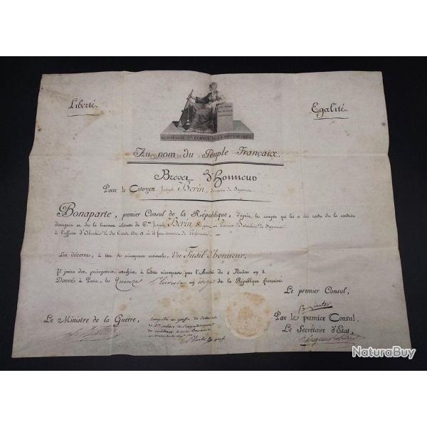 BREVET DE FUSIL D'HONNEUR AU CITOYEN BERIN JOSEPH POUR L'AFFAIRE D'ABOUKIR SIGNATURE NAPOLEON BONAPA