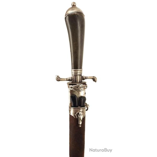 FINE DAGUE DE VENERIE CHASSE ROYALE EN ARGENT DATE 1749 "LA PRUDENCE SE FAIT VOIR DANS LE VIN" - FRA