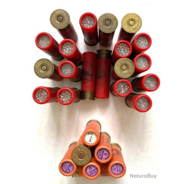 Lot de 26 cartouches GEVELOT et F�D�RATION FRAN�AISE DES ARMURIERS PROFESSIONNELS calibre 16-65 mm.