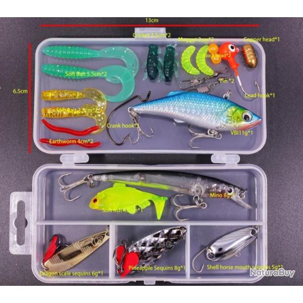 Ensemble de Leurres de P�che Mixtes Kit d'App�ts Souples et Durs 24 pi�ces avec Bo�te PVC