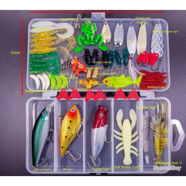 Ensemble de Leurres de P�che Mixtes Kit d'App�ts Souples et Durs 71 pi�ces + Bo�te PVC