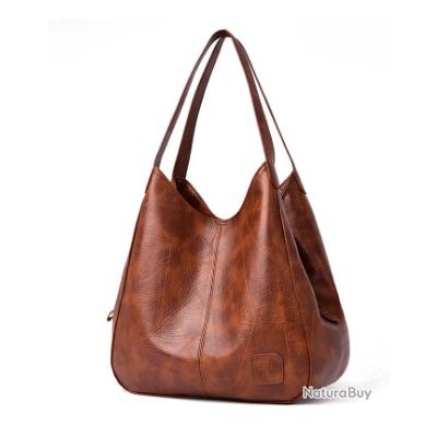 Sac à Main Bandoulière Léger Femme En Simili Cuir PU Marron - Multi-poches - Doré