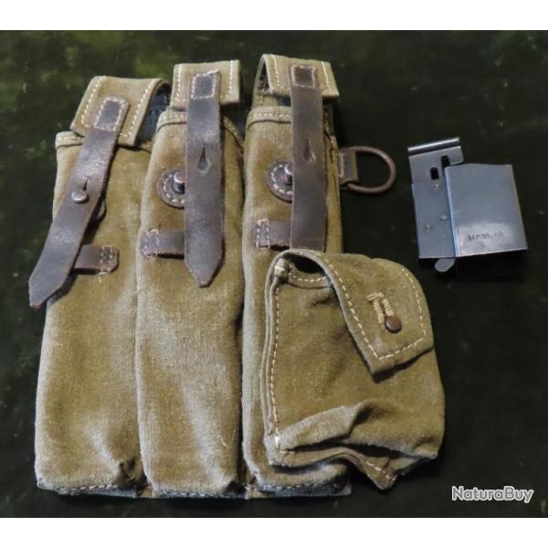 Porte chargeur MP 40 cot� gauche, cuir et toile feldgrau avec pochette pour chargette