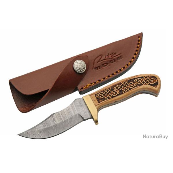 Couteau Celtic Knots Hunter Lame Acier Damas 256 Couches Manche Bois Motif Celtique �tui Cuir DM1386