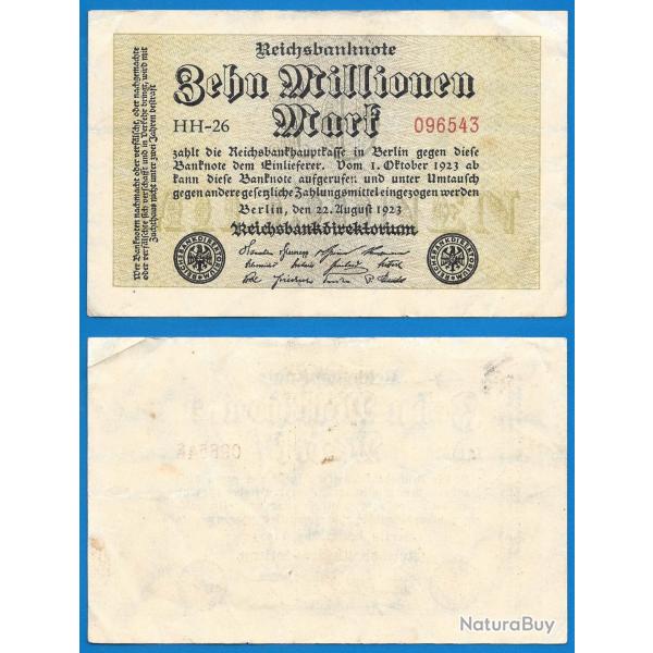 Allemagne 10 Millions de Mark 1923 Reichsbanknote Billet Uniface