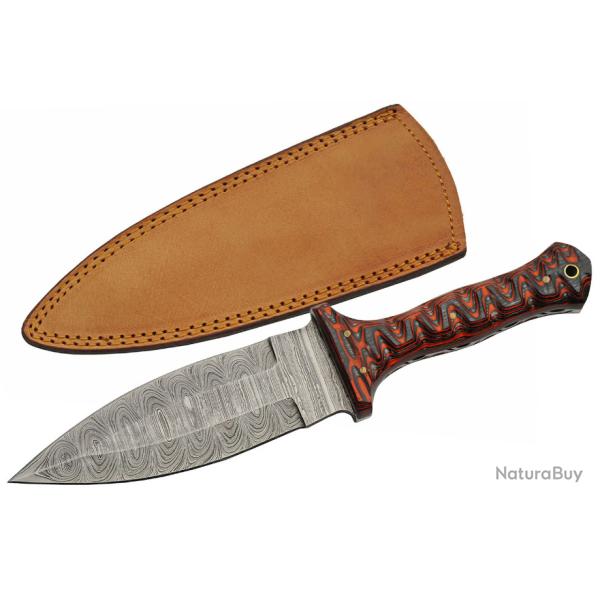 Couteau de Chasse Dague Lame Acier Damas 256 Couches Manche Bois �tui Cuir DM1371RD