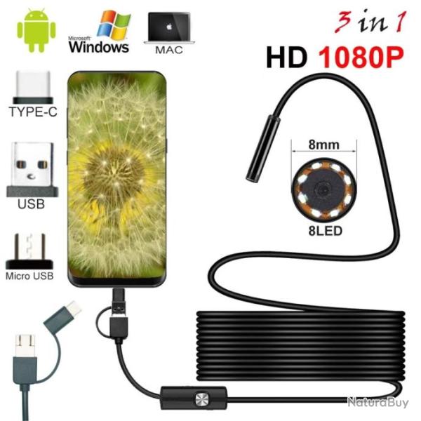 Endoscope Cam�ra endoscopique 1080P HD USB 8mm avec 8 LED Cable 5m Android PC