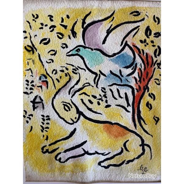 M.C gouache  sur papier th�me surr�aliste animalier