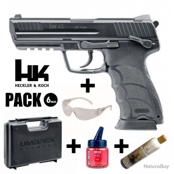 PISTOLET HECKLER & KOCH HKP45 Noir - Culasse mobile - 6 mm BB - Gaz Arme en pack pr�t � jouer