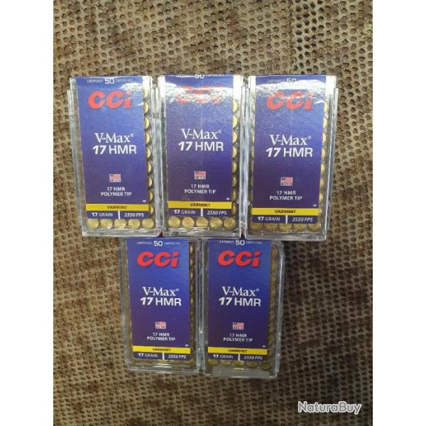 lot de 5 boites CCI soit un total de 250 cartouches de 17 HMR � balle V-MAX POLYMER TIP de 17 grain