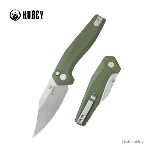 Couteau Kubey Hades Green Lame Wharncliffe Acier 14C28N, Manche G10 IKBS Button Lock Clip KUB394B