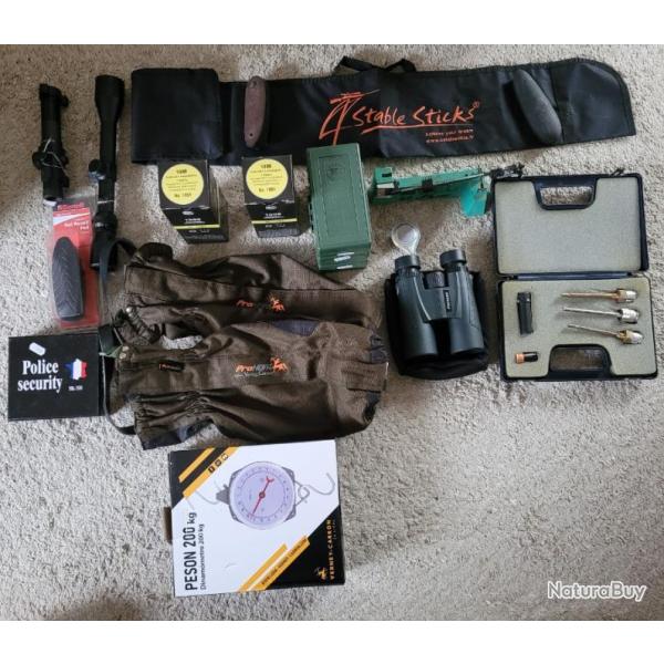 Lot de coussinet , peson ,GUETRE , point rouge , lunette ,shocker ,bo�te � munitions, jumelle,...