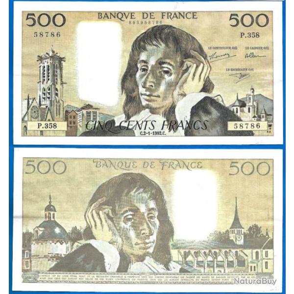 France 500 Francs 1992 Grand Billet Pascal Franc