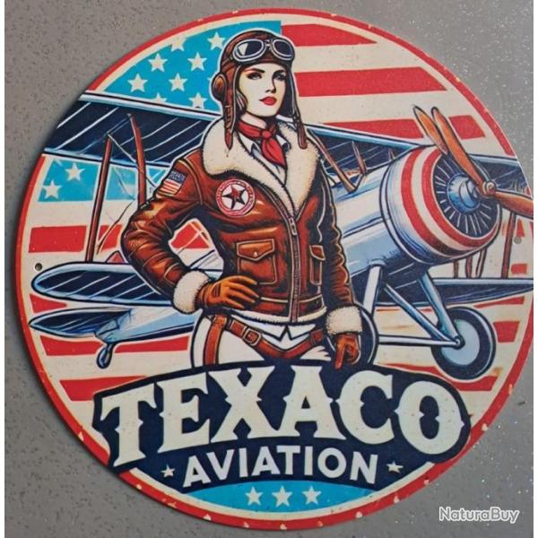 plaque decoration en alu panneau vintage PIN UP BIPLAN TEXACO AVIATION