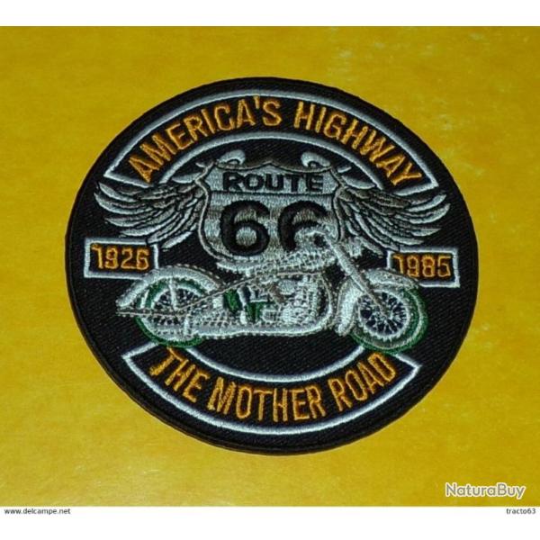 TISSU PATCH : AMERICA'S HIGHWAY , ROUTE 66 THE MOTHER ROAD , DIAMETRE 9CM , BON ETAT VOIR PHOTO .