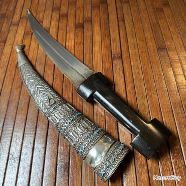 POIGNARD KHANJAR EMPIRE OTTOMAN FOURREAU TOUT ARGENT OUVRAG� MANCHE EN CORNE NOIR