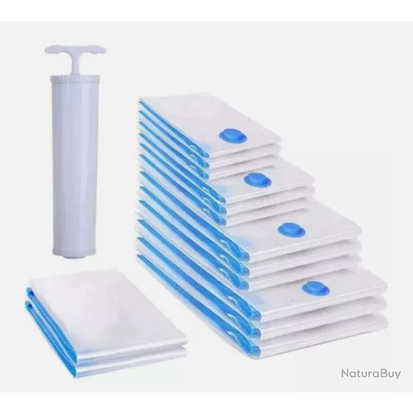 Lot de 12 Housses de Rangement Sous Vide avec Pompe Manuelle - 4 Tailles