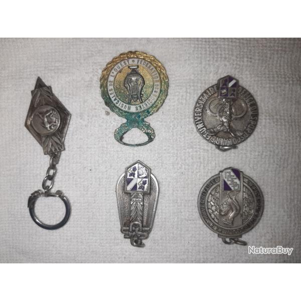 Lot de 5 insignes/m�dailles dont Office du Sport Scolaire et Universitaire et Championnat d'Acad�mie