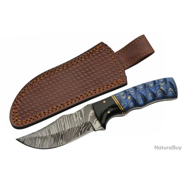 Couteau de Chasse Blue Lake Ripple Lame Acier Damas Manche Bois/R�sine Etui Cuir DM1302BL