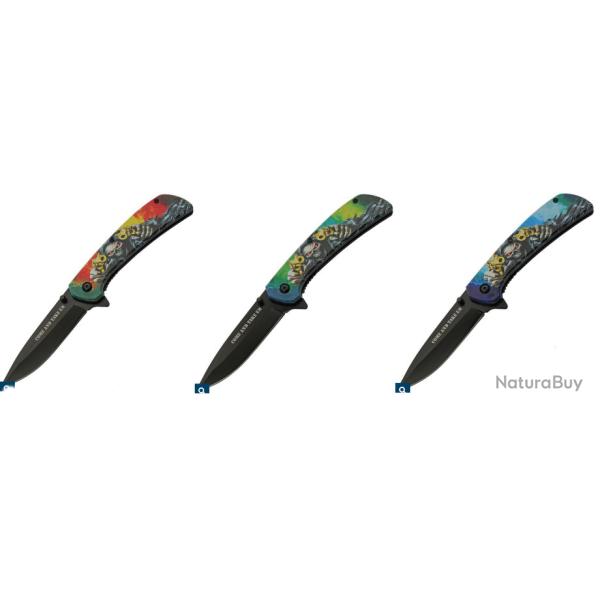 Lot de 3 Couteaux Rite Edge Reaper Skull A/O Manche Motif Cr�ne Lame Acier Inox Liner Lock CN300589