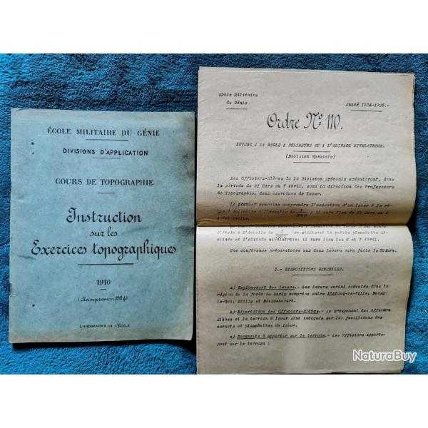 Cours topographie militaire de 1910 plus Ordre n� 110 - original manuscrit de 1924-25
