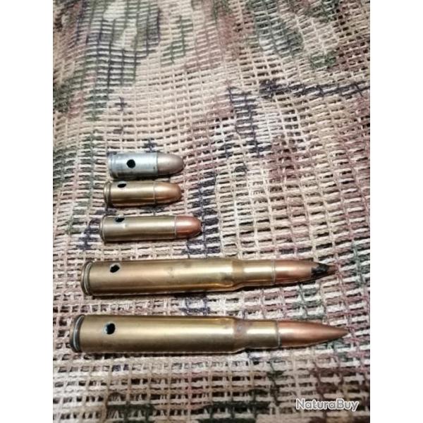 1 lot de 5 munitions militaires anciennes neutralis�es : 30 06 Garand x2 / Lebel 8mm/9mm x2 43 et 44