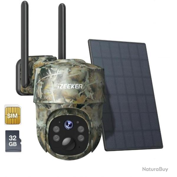 Cam�ra de Chasse 4G 2K PTZ Cam�ra Chasse avec Carte SD et SIM 360� Rotation Diffusion + 32 SD
