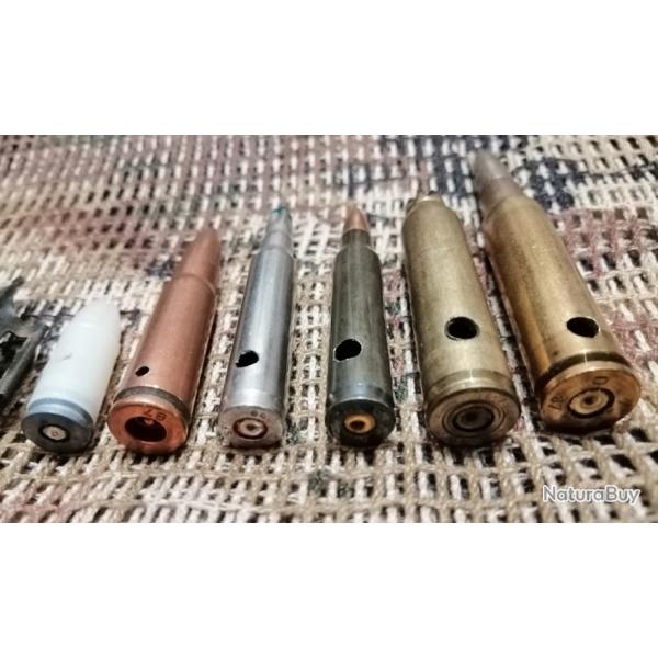 1 lot de 6 munitions militaires neutralis�es : 7.5 CH/7.5 fr/5. 56 fr/5.56 blanc/7.62x39RU/9mm blanc