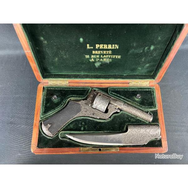 EXCEPTIONNEL REVOLVER PERRIN DE GRAND LUXE EN COFFRET D'ORIGINE AVEC SA BA�ONNETTE 1ere s�rie photo