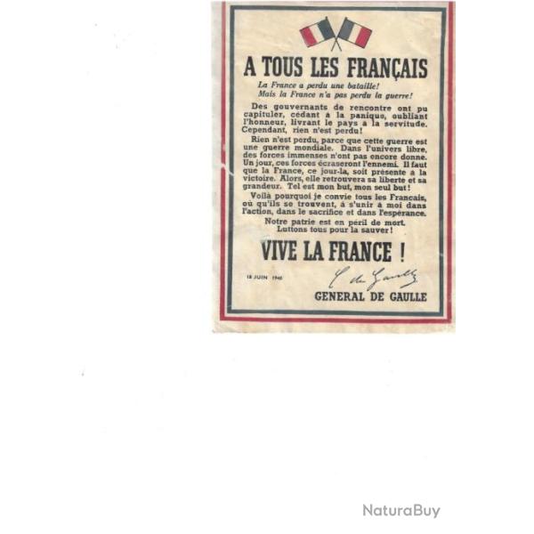 charles de gaulle appel du 18 juin 1940 . Originale .