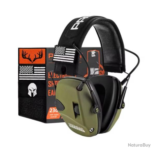 Casque de tir anti-bruit �lectronique Prot�ge Oreilles ZOHAN PROHEAR NRR 23db Chasse tir ect vert .