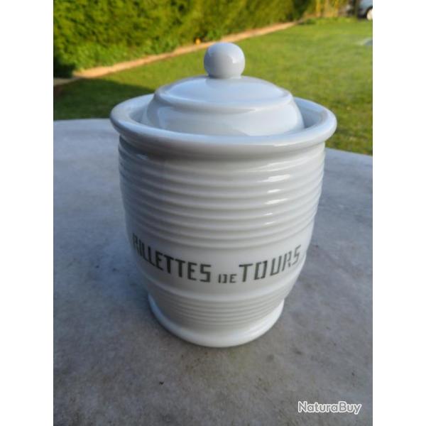 Ancien grand pot en c�ramique blanche "Rillettes de Tours" avec son couvercle - FRANCE (Vers1950)