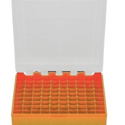 BOITE DE RANGEMENT ORANGE COUVERCLE TRANSPARENT 100 MUNITIONS CAL 9MM