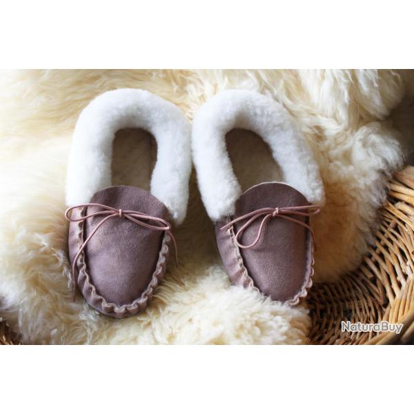 Chaussons mocassins femme chauds en peau d agneau beige