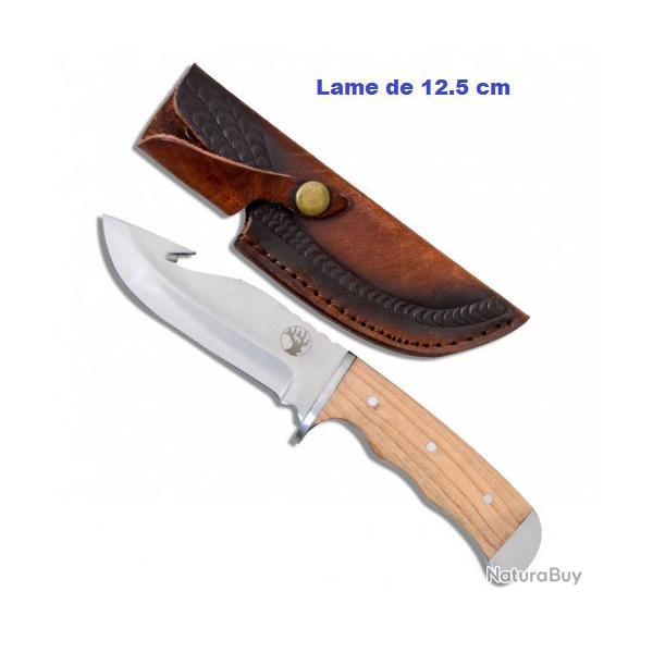 Couteau de chasse  d�cor Cerf avec Etui Cuir cousus bnois clair lame de 12.5