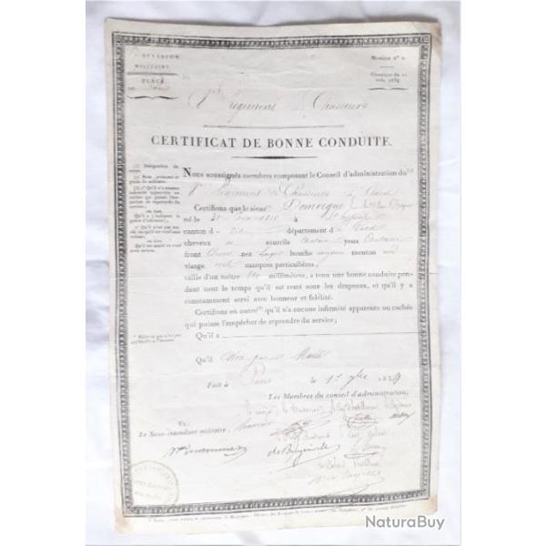 FR391407b (30�) Certificat bonne conduite 1854 du 8�Chasseurs