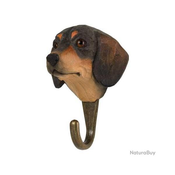 Pat�re Chien Teckel - bois sculpt� & crochet m�tal bronze